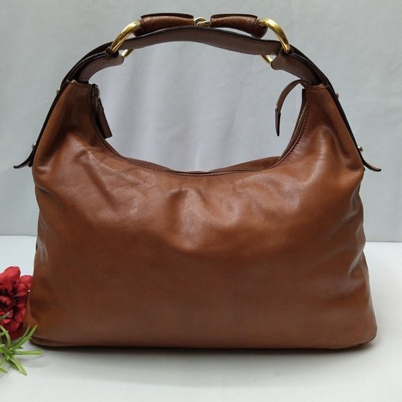 Gucci Horsebit Whiskey Brown Leather Zipper Closure Hobo Shoulder Bag Purse